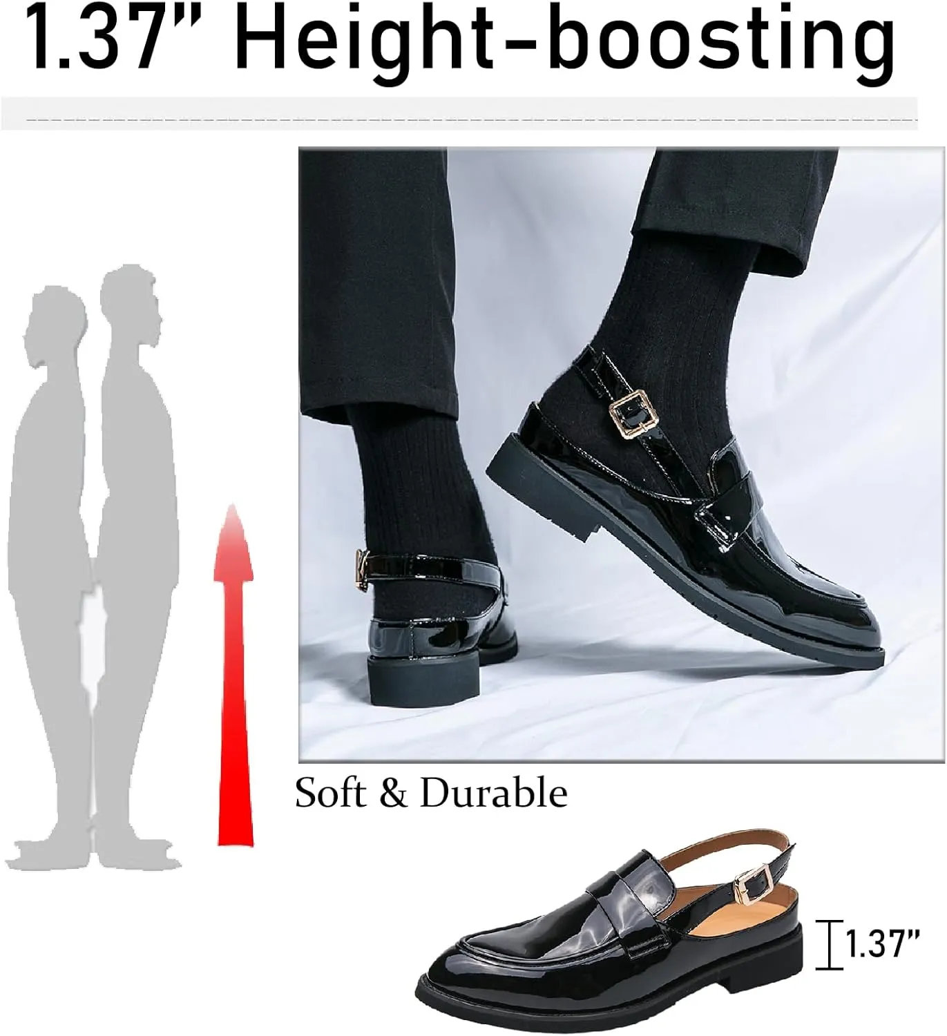 Men's Patent Leather Closed Toe Sandals with Adjust Buckle Strap Anti-Slip Breathable Pointed Toe Block Heel Slingback Dress Sandals for Business Office Walking Driving Shoes