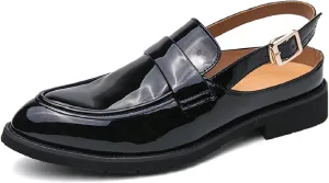 Men's Patent Leather Closed Toe Sandals with Adjust Buckle Strap Anti-Slip Breathable Pointed Toe Block Heel Slingback Dress Sandals for Business Office Walking Driving Shoes