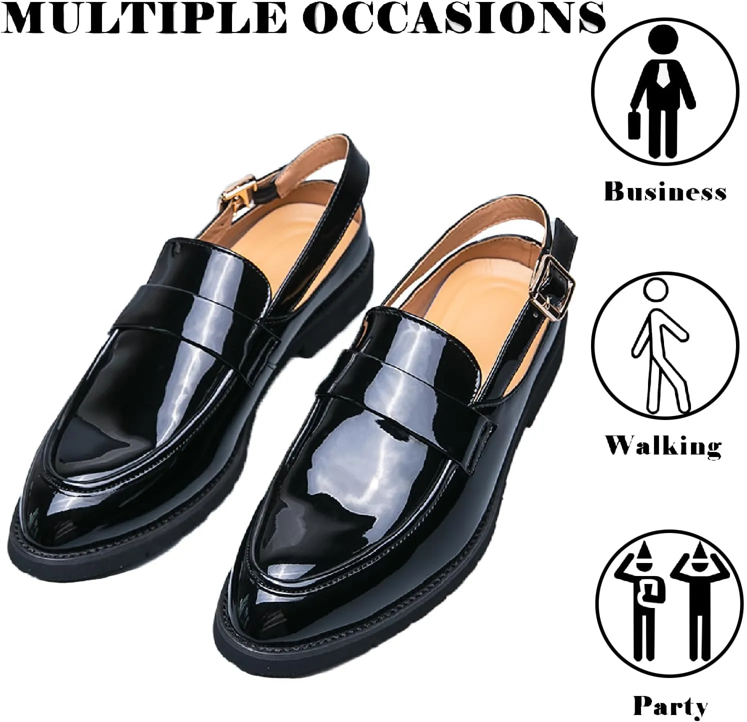 Men's Patent Leather Closed Toe Sandals with Adjust Buckle Strap Anti-Slip Breathable Pointed Toe Block Heel Slingback Dress Sandals for Business Office Walking Driving Shoes