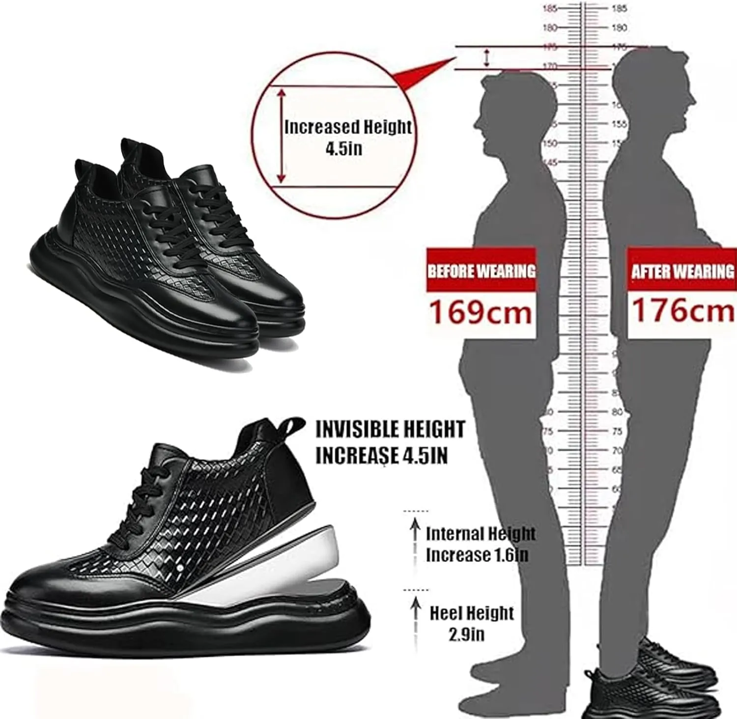 Men’s Platform Sneakers Oxfords Height Increasing Inner Sole, Genuine Leather Lace-Up Design, Stylish & Comfortable Non-Slip Shoes for Casual, Business & Walking