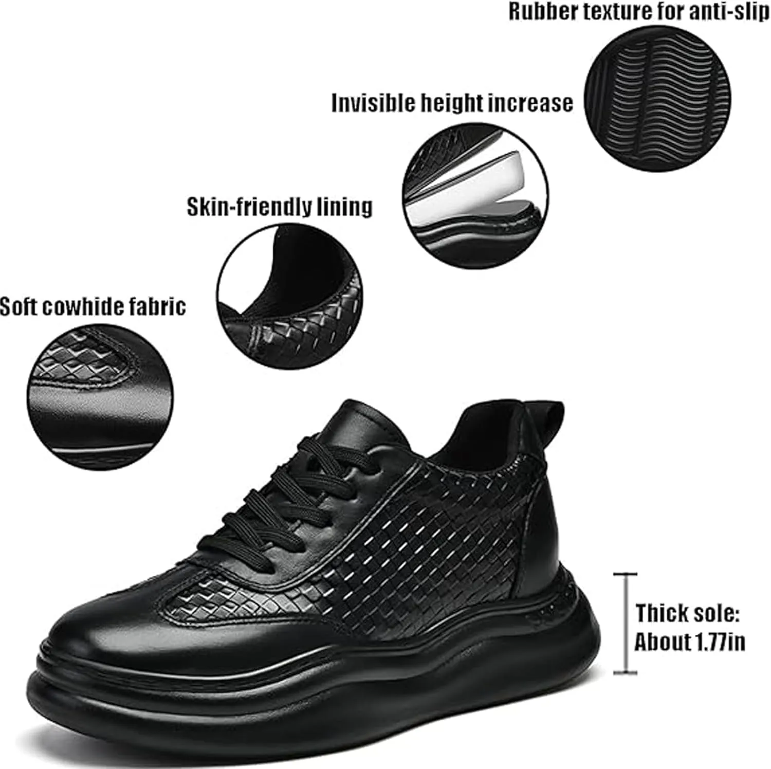 Men’s Platform Sneakers Oxfords Height Increasing Inner Sole, Genuine Leather Lace-Up Design, Stylish & Comfortable Non-Slip Shoes for Casual, Business & Walking