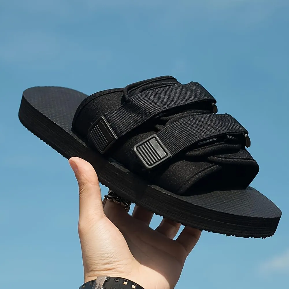 Men's Solid Colour Open Toe Breathable Sandals, Comfy Non Slip Durable Hook & Loop Fastener Beach Water Shoes, Summer