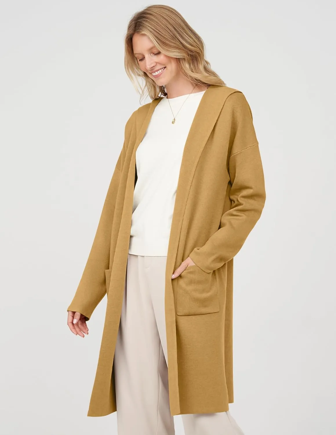 MEROKEETY Long Hooded Cardigan Sweaters for Women Oversized Open Front Coatigan Lady Jacket Coat Pockets