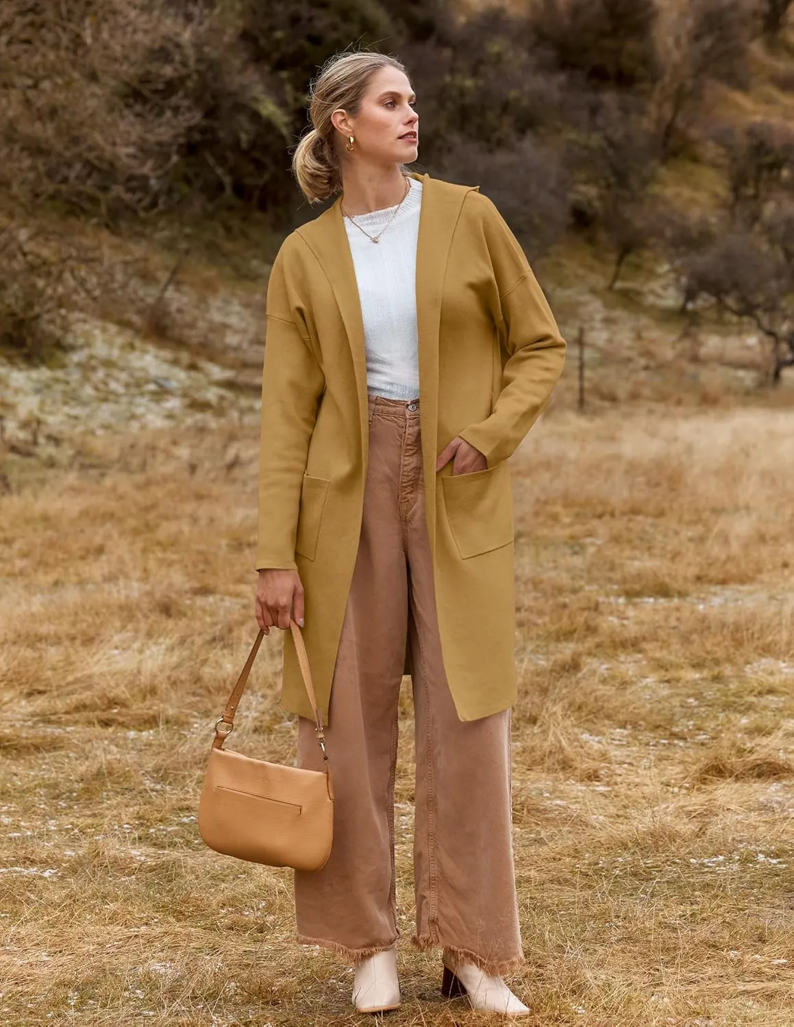 MEROKEETY Long Hooded Cardigan Sweaters for Women Oversized Open Front Coatigan Lady Jacket Coat Pockets