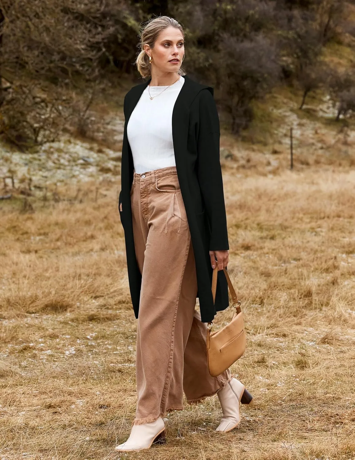 MEROKEETY Long Hooded Cardigan Sweaters for Women Oversized Open Front Coatigan Lady Jacket Coat Pockets