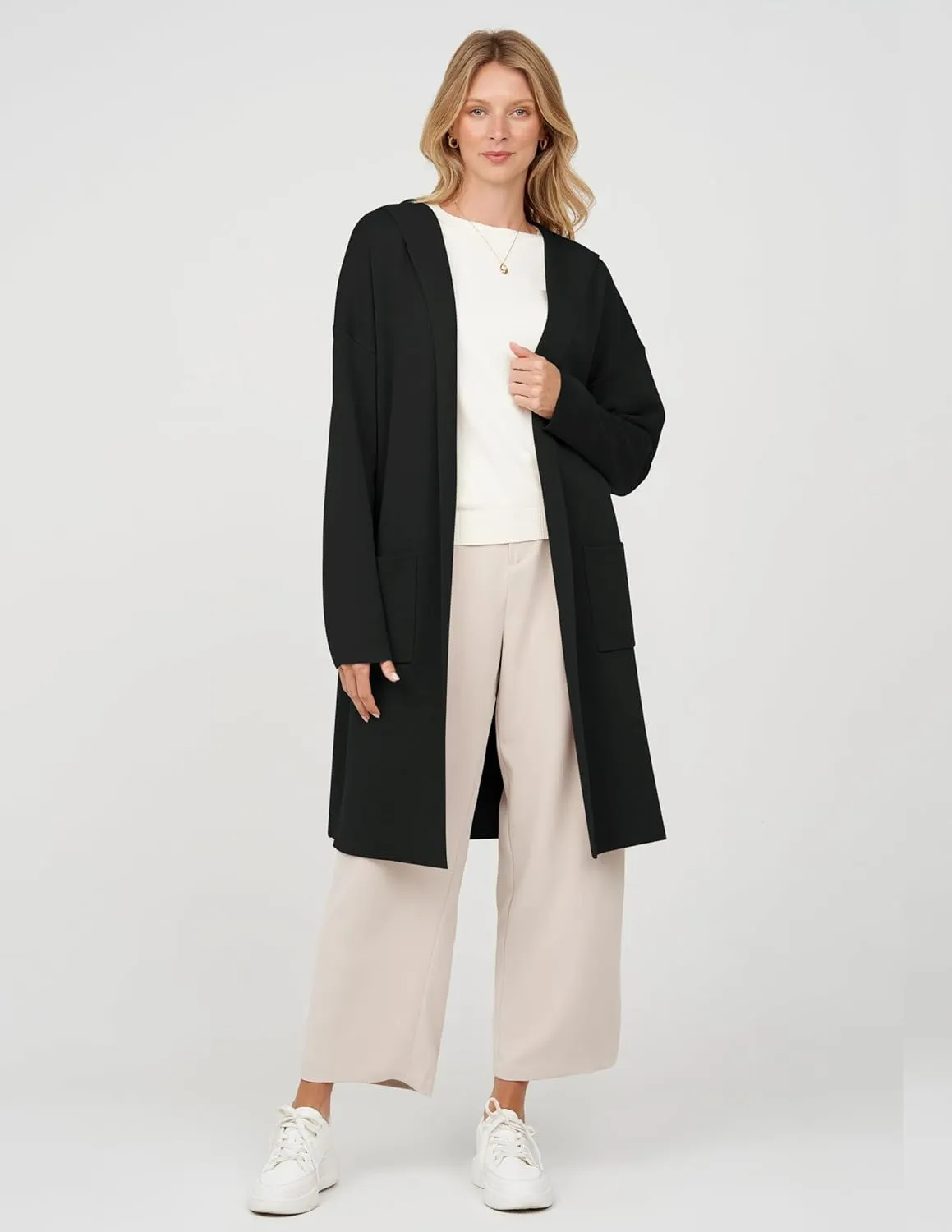 MEROKEETY Long Hooded Cardigan Sweaters for Women Oversized Open Front Coatigan Lady Jacket Coat Pockets