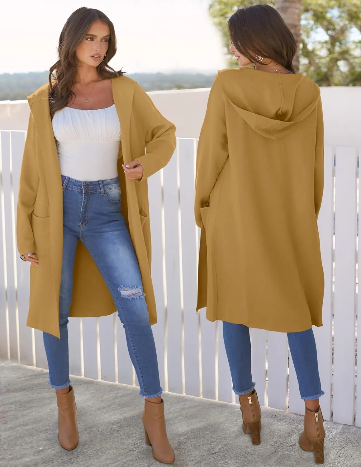 MEROKEETY Long Hooded Cardigan Sweaters for Women Oversized Open Front Coatigan Lady Jacket Coat Pockets