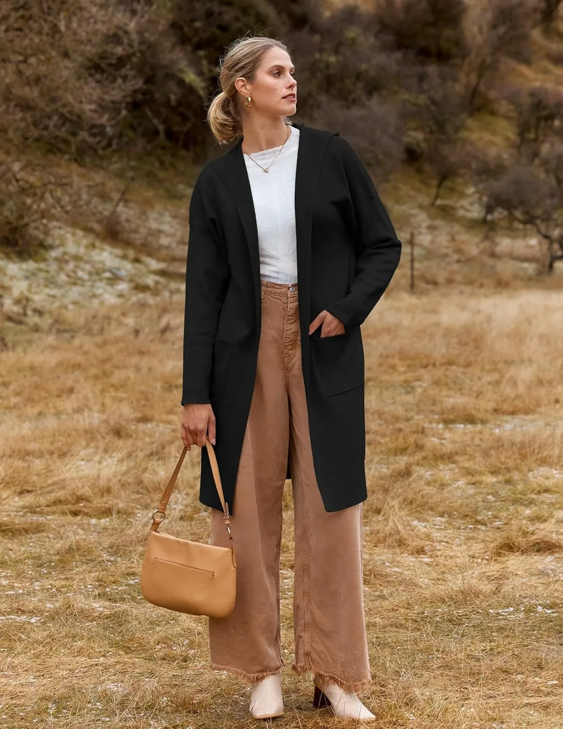 MEROKEETY Long Hooded Cardigan Sweaters for Women Oversized Open Front Coatigan Lady Jacket Coat Pockets