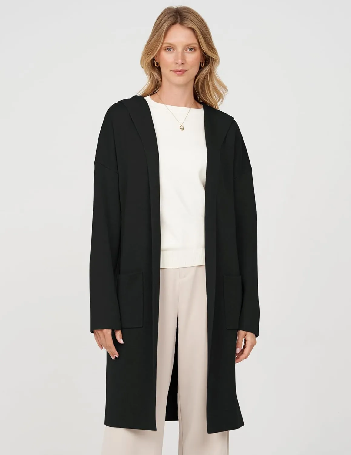 MEROKEETY Long Hooded Cardigan Sweaters for Women Oversized Open Front Coatigan Lady Jacket Coat Pockets
