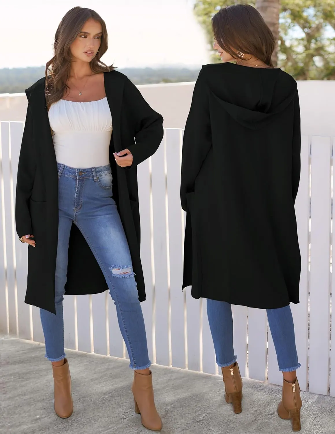 MEROKEETY Long Hooded Cardigan Sweaters for Women Oversized Open Front Coatigan Lady Jacket Coat Pockets
