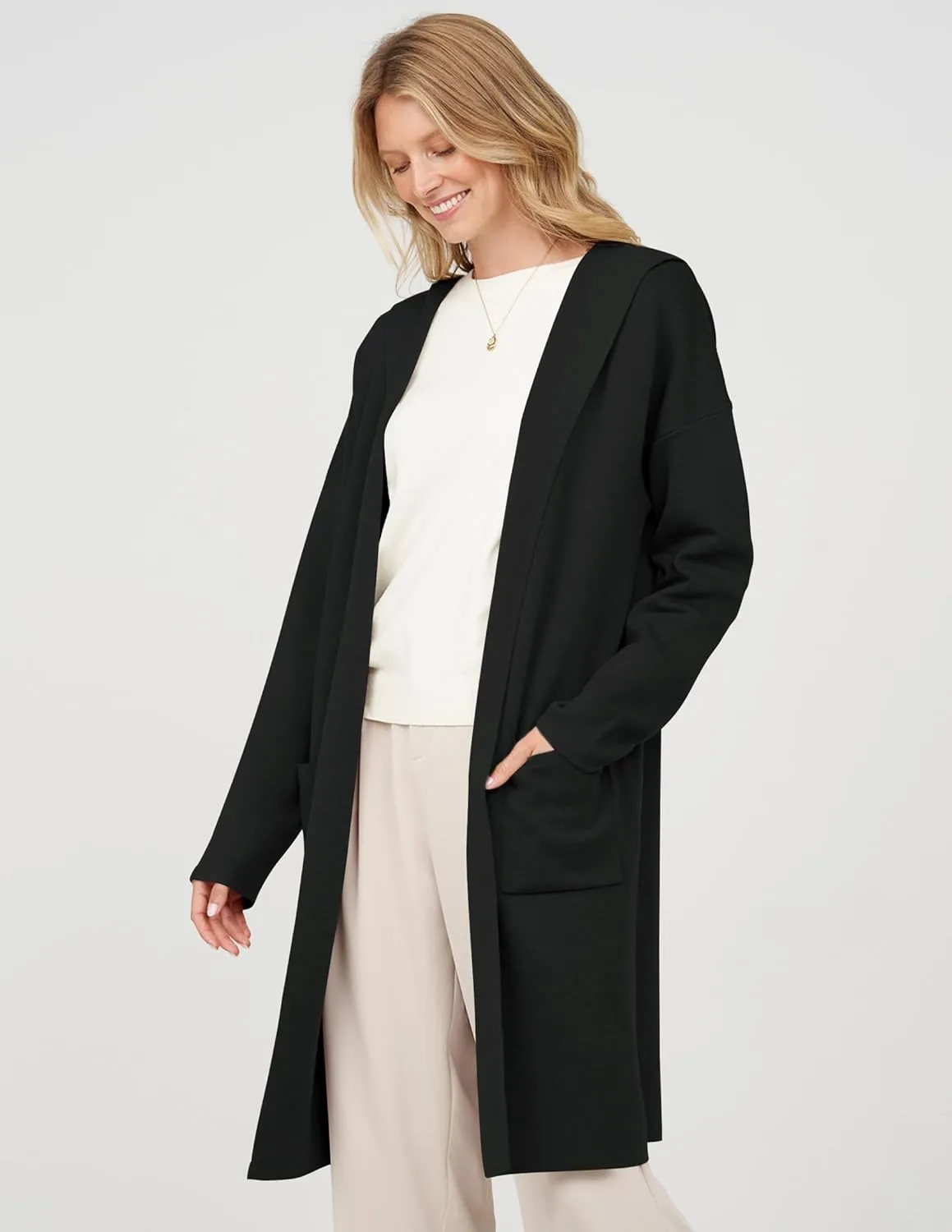 MEROKEETY Long Hooded Cardigan Sweaters for Women Oversized Open Front Coatigan Lady Jacket Coat Pockets