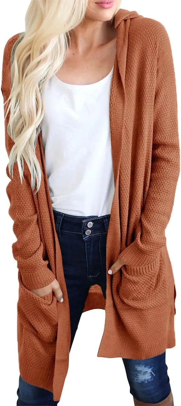 MEROKEETY Women's 2024 Long Sleeve Open Front Hoodie Knit Sweater Cardigan Outwear