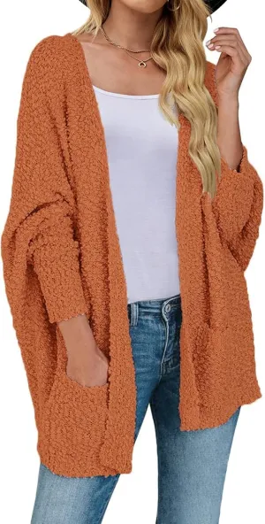 MEROKEETY Women's 2025 Winter Fuzzy Popcorn Batwing Sleeve Cardigan Knit Oversized Sherpa Sweater Coat