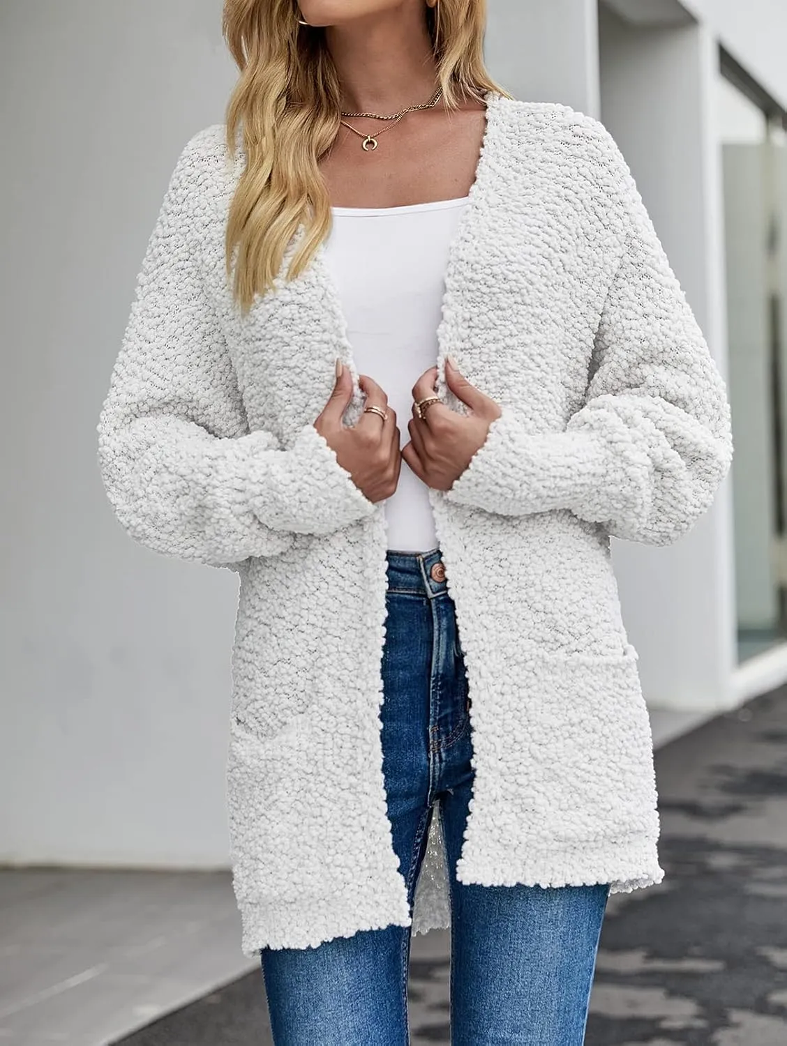 MEROKEETY Women's 2025 Winter Fuzzy Popcorn Batwing Sleeve Cardigan Knit Oversized Sherpa Sweater Coat