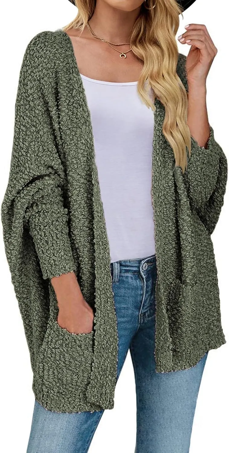 MEROKEETY Women's 2025 Winter Fuzzy Popcorn Batwing Sleeve Cardigan Knit Oversized Sherpa Sweater Coat