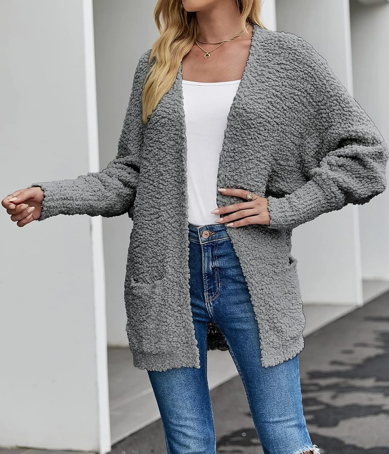 MEROKEETY Women's 2025 Winter Fuzzy Popcorn Batwing Sleeve Cardigan Knit Oversized Sherpa Sweater Coat