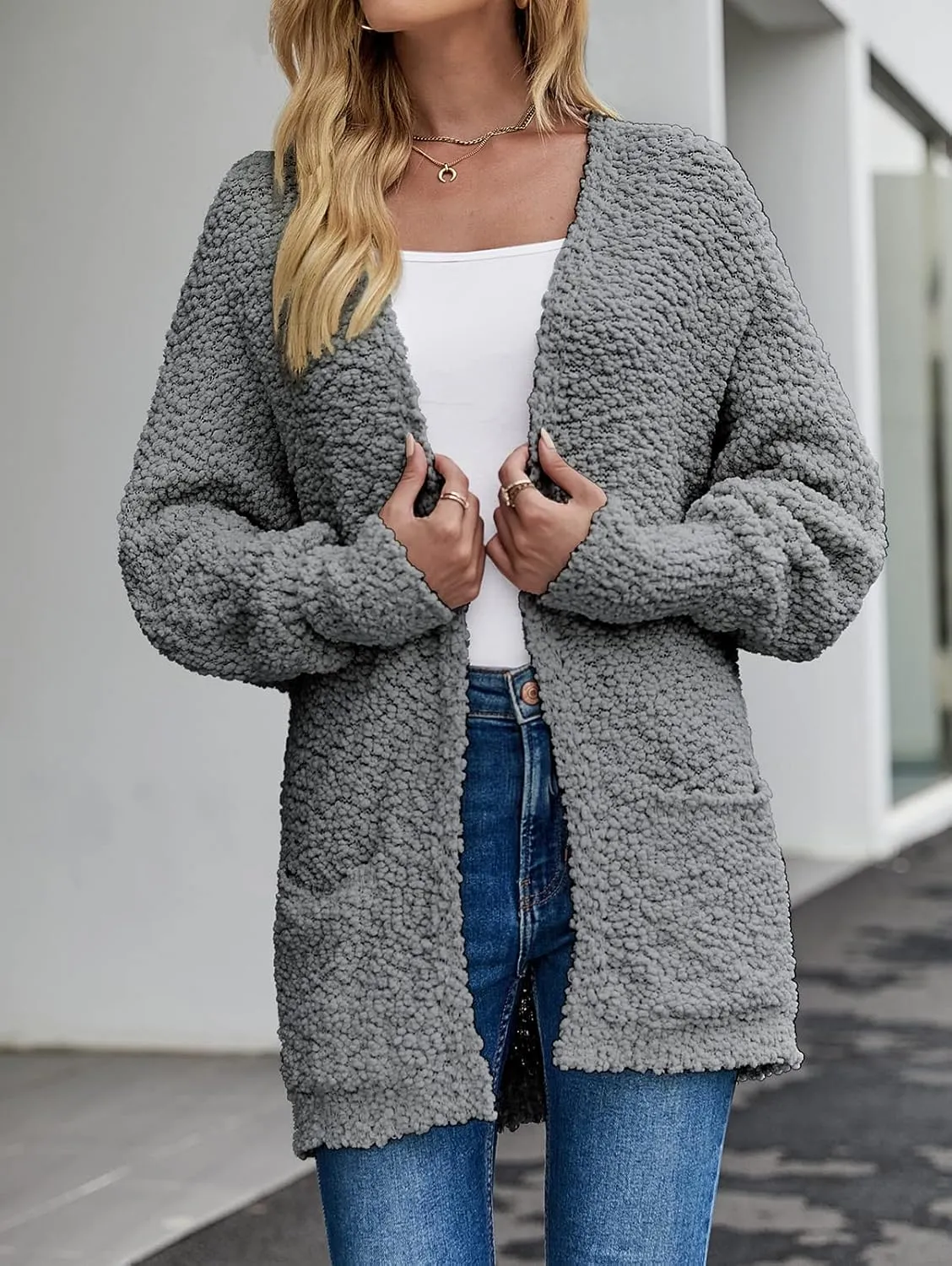MEROKEETY Women's 2025 Winter Fuzzy Popcorn Batwing Sleeve Cardigan Knit Oversized Sherpa Sweater Coat
