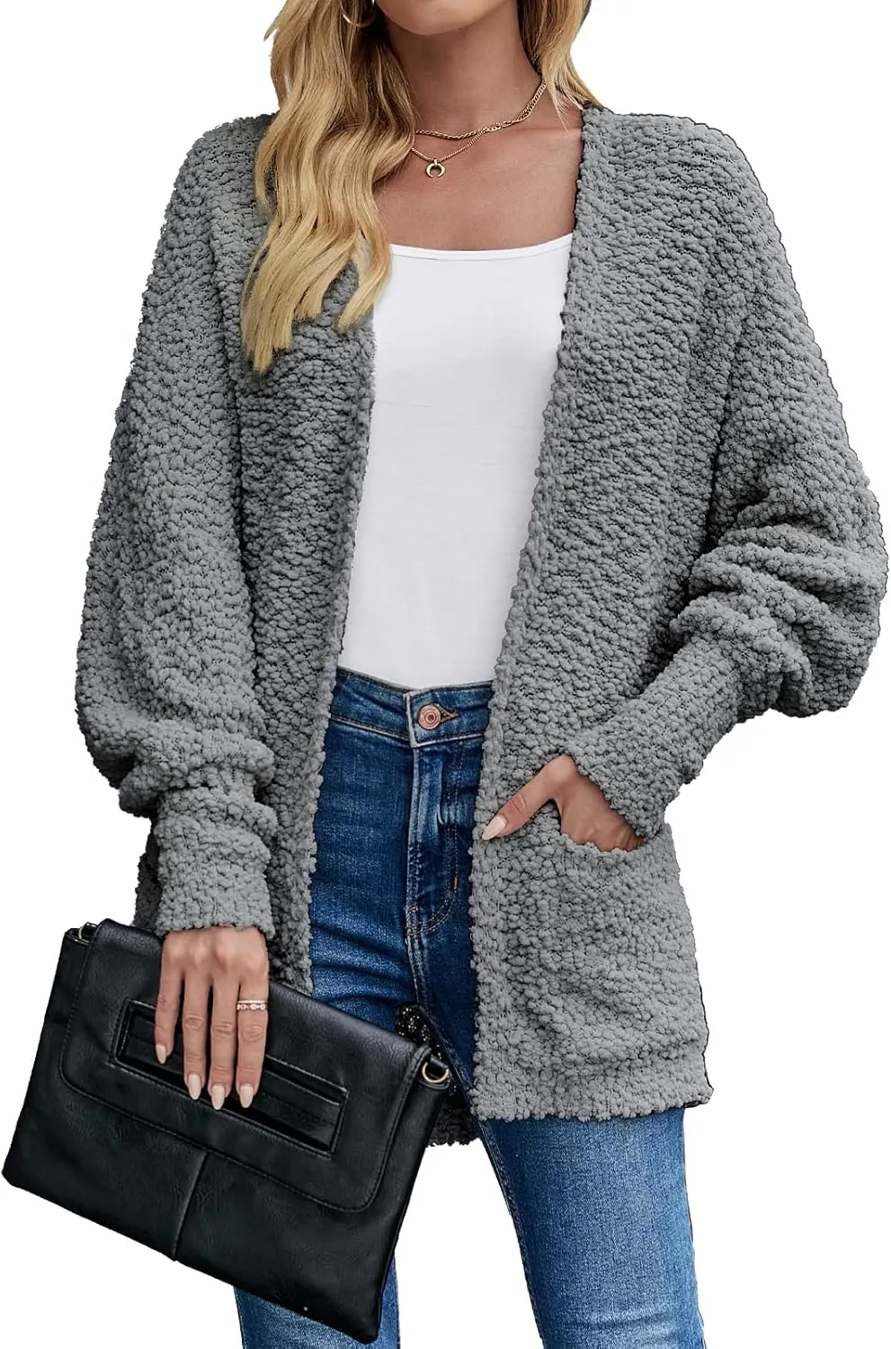 MEROKEETY Women's 2025 Winter Fuzzy Popcorn Batwing Sleeve Cardigan Knit Oversized Sherpa Sweater Coat
