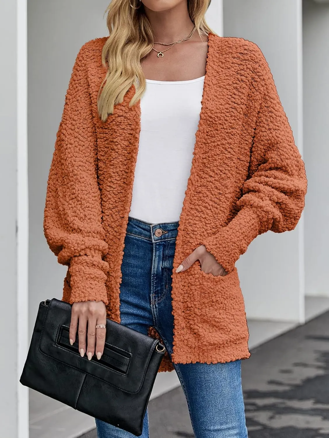MEROKEETY Women's 2025 Winter Fuzzy Popcorn Batwing Sleeve Cardigan Knit Oversized Sherpa Sweater Coat