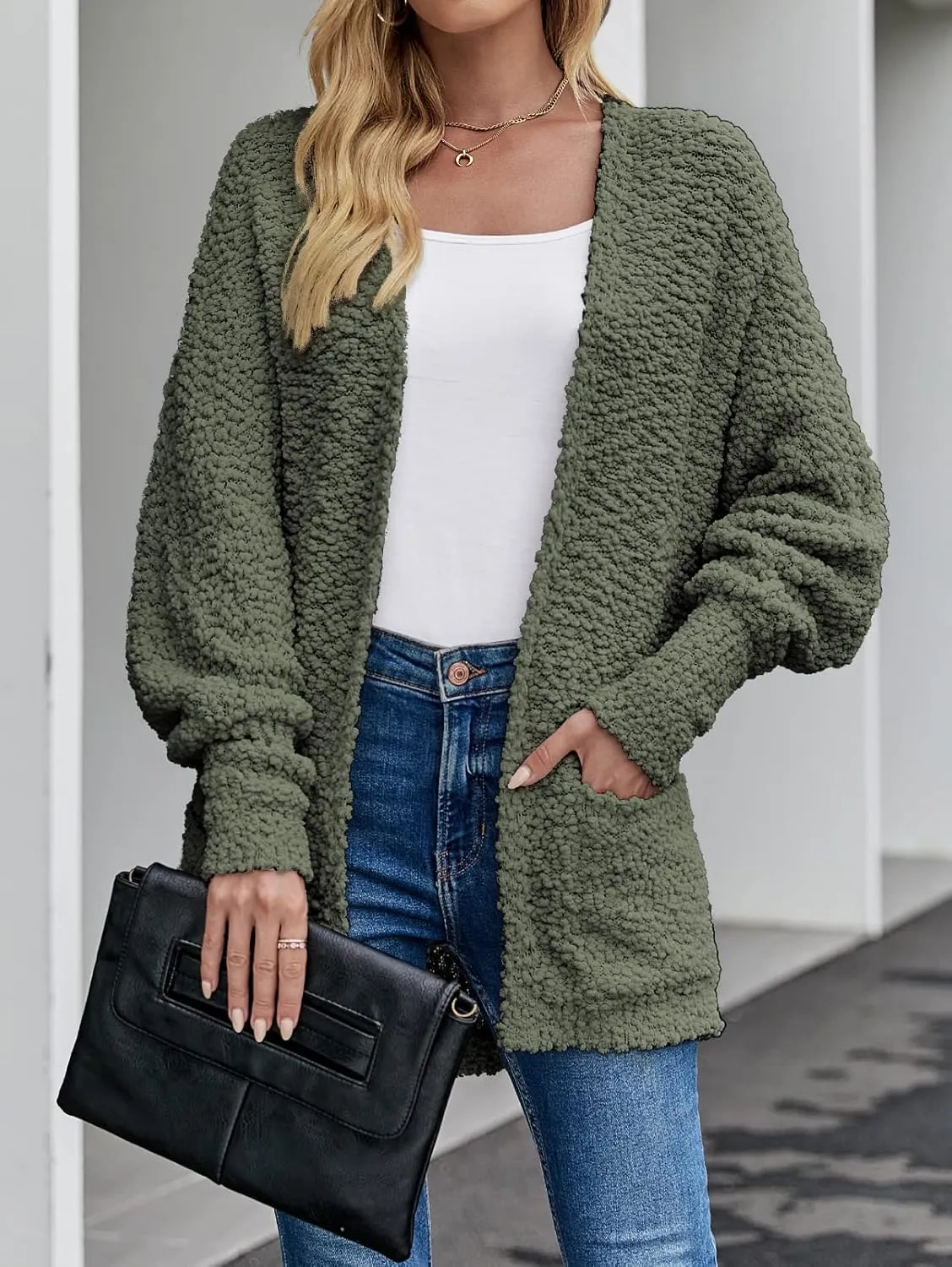 MEROKEETY Women's 2025 Winter Fuzzy Popcorn Batwing Sleeve Cardigan Knit Oversized Sherpa Sweater Coat