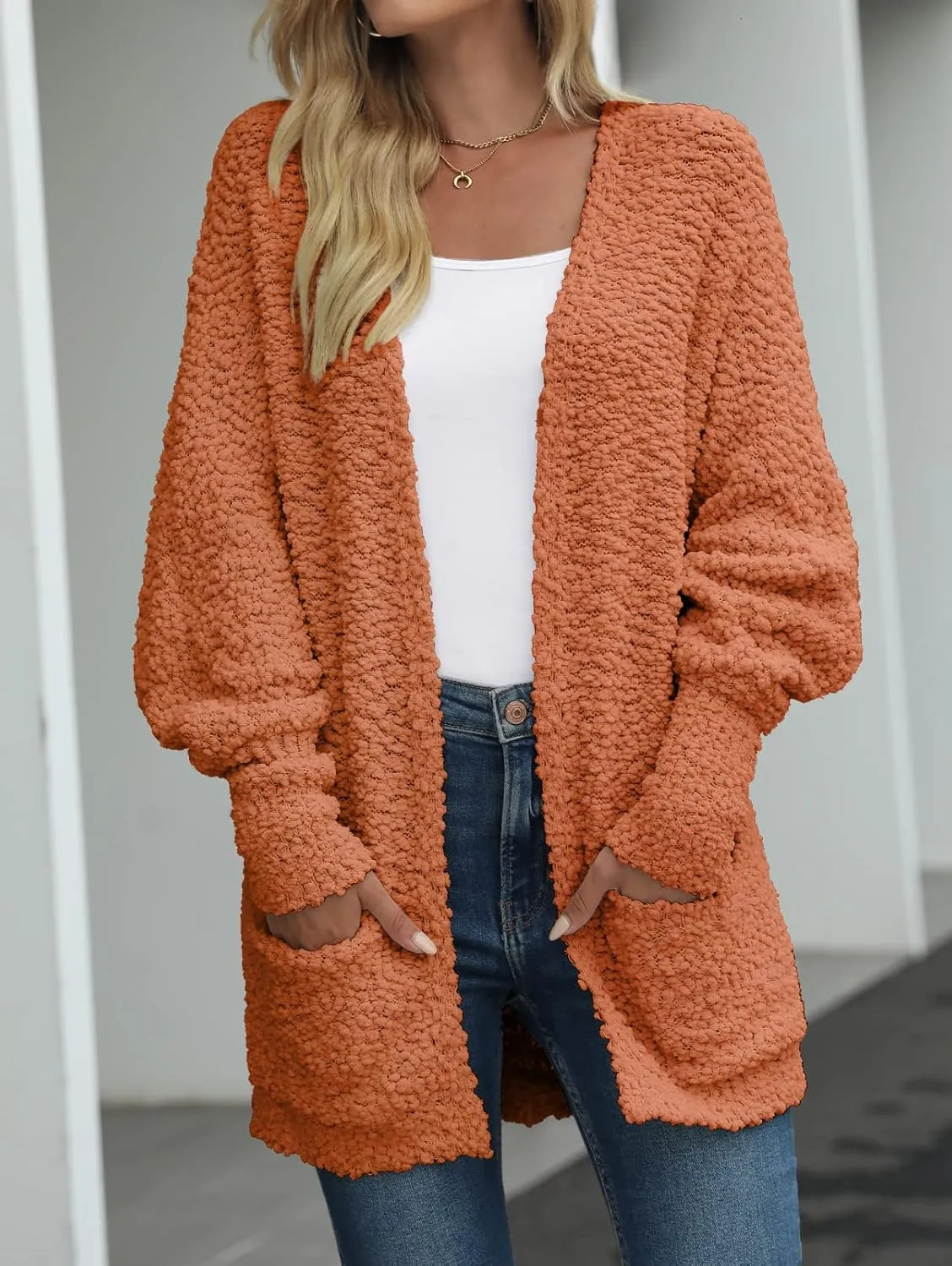 MEROKEETY Women's 2025 Winter Fuzzy Popcorn Batwing Sleeve Cardigan Knit Oversized Sherpa Sweater Coat