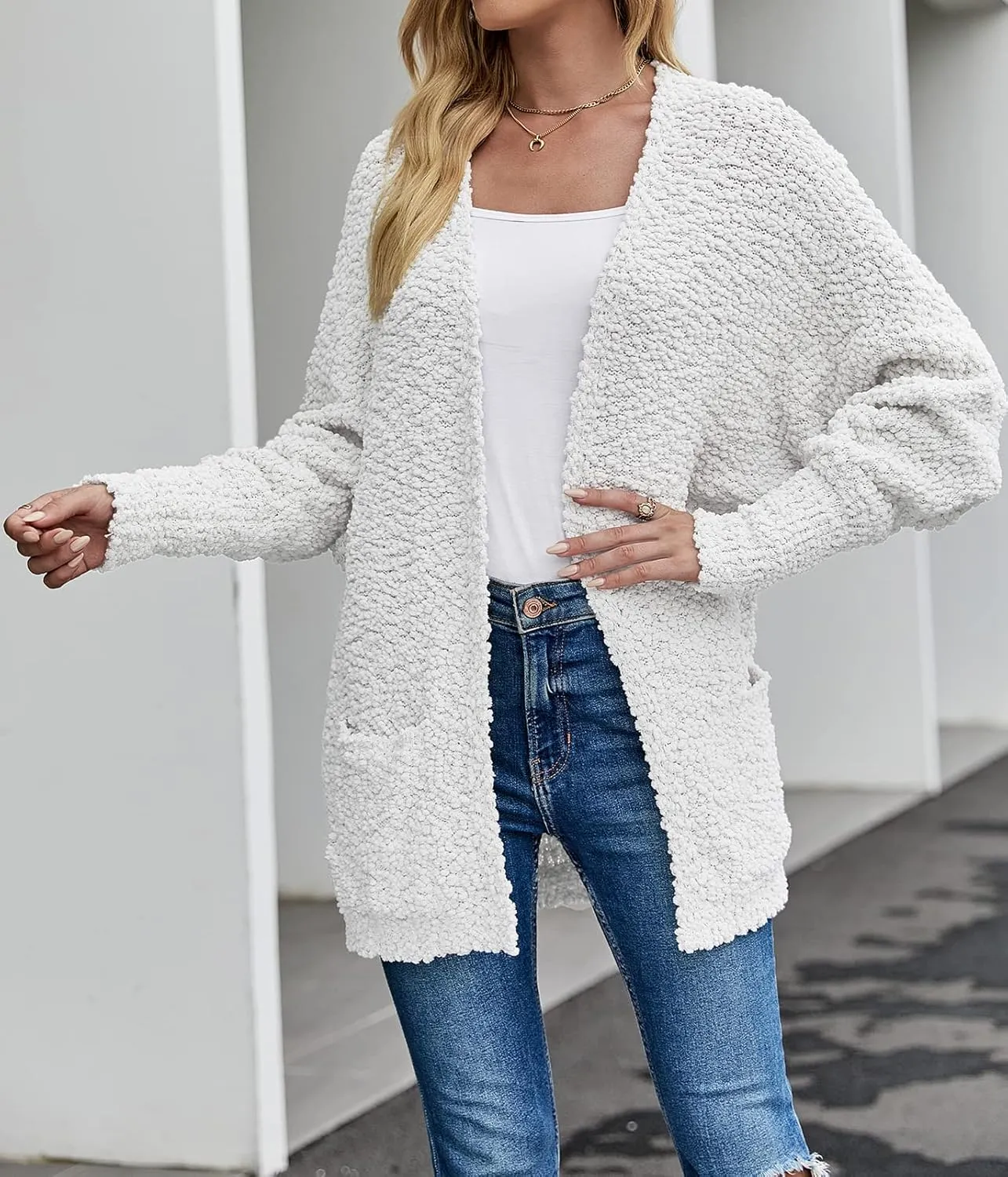 MEROKEETY Women's 2025 Winter Fuzzy Popcorn Batwing Sleeve Cardigan Knit Oversized Sherpa Sweater Coat