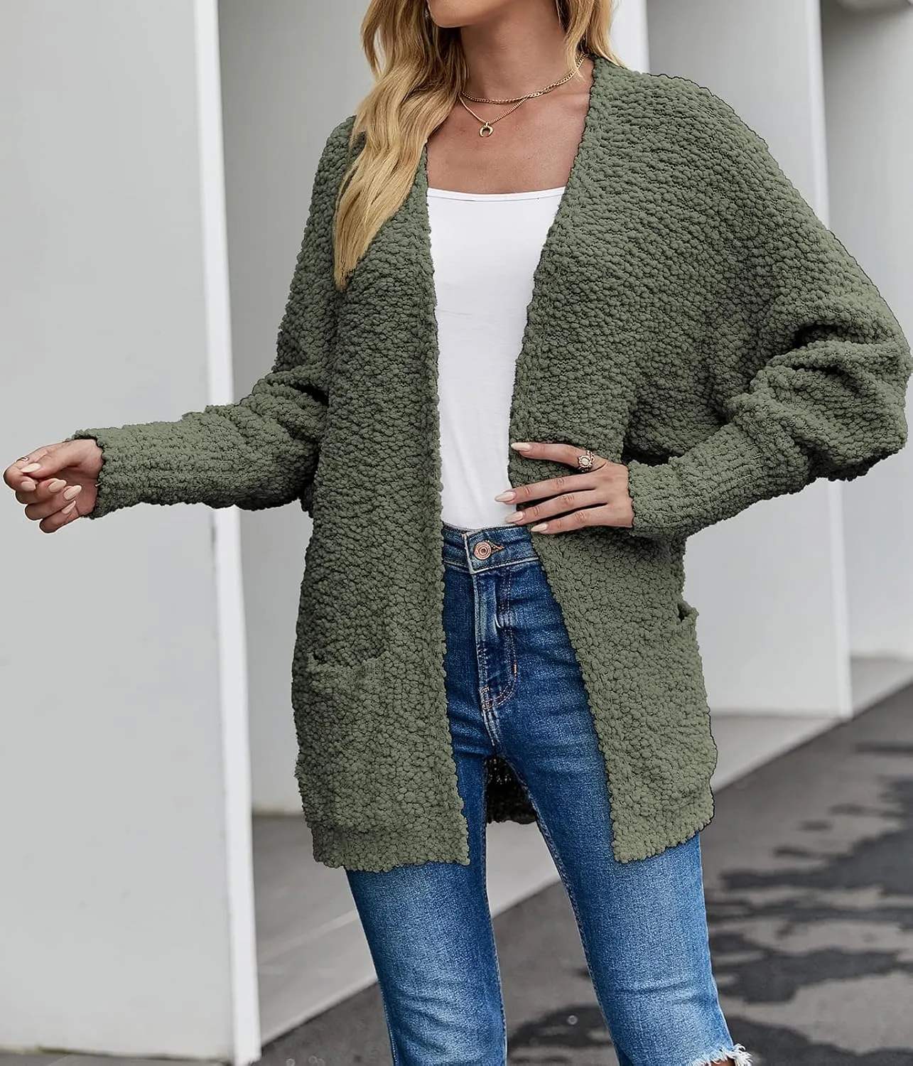 MEROKEETY Women's 2025 Winter Fuzzy Popcorn Batwing Sleeve Cardigan Knit Oversized Sherpa Sweater Coat