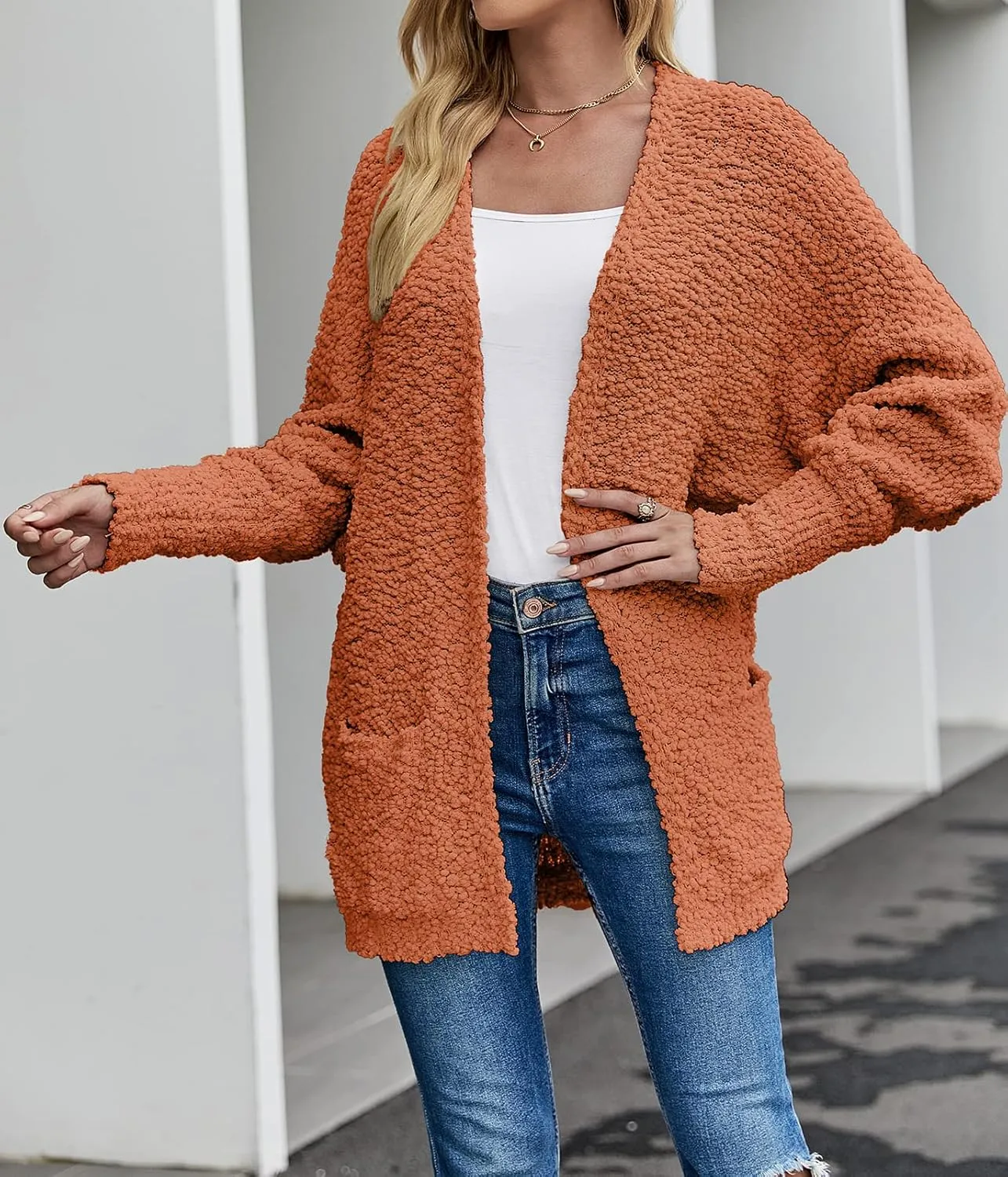 MEROKEETY Women's 2025 Winter Fuzzy Popcorn Batwing Sleeve Cardigan Knit Oversized Sherpa Sweater Coat