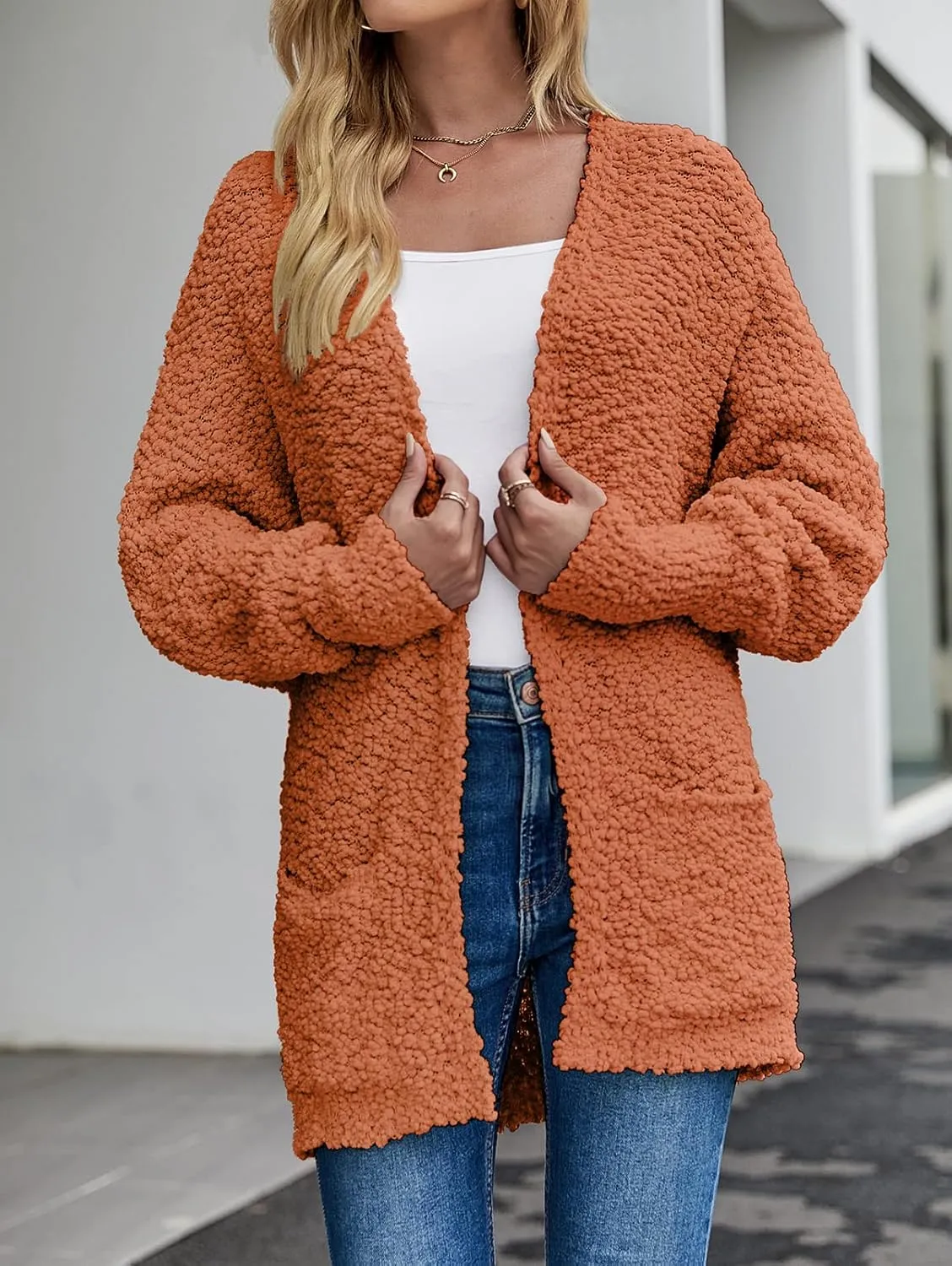 MEROKEETY Women's 2025 Winter Fuzzy Popcorn Batwing Sleeve Cardigan Knit Oversized Sherpa Sweater Coat