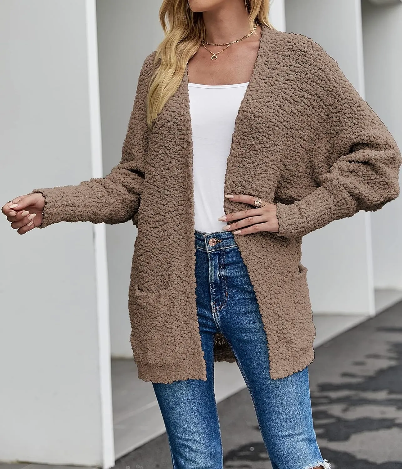 MEROKEETY Women's 2025 Winter Fuzzy Popcorn Batwing Sleeve Cardigan Knit Oversized Sherpa Sweater Coat