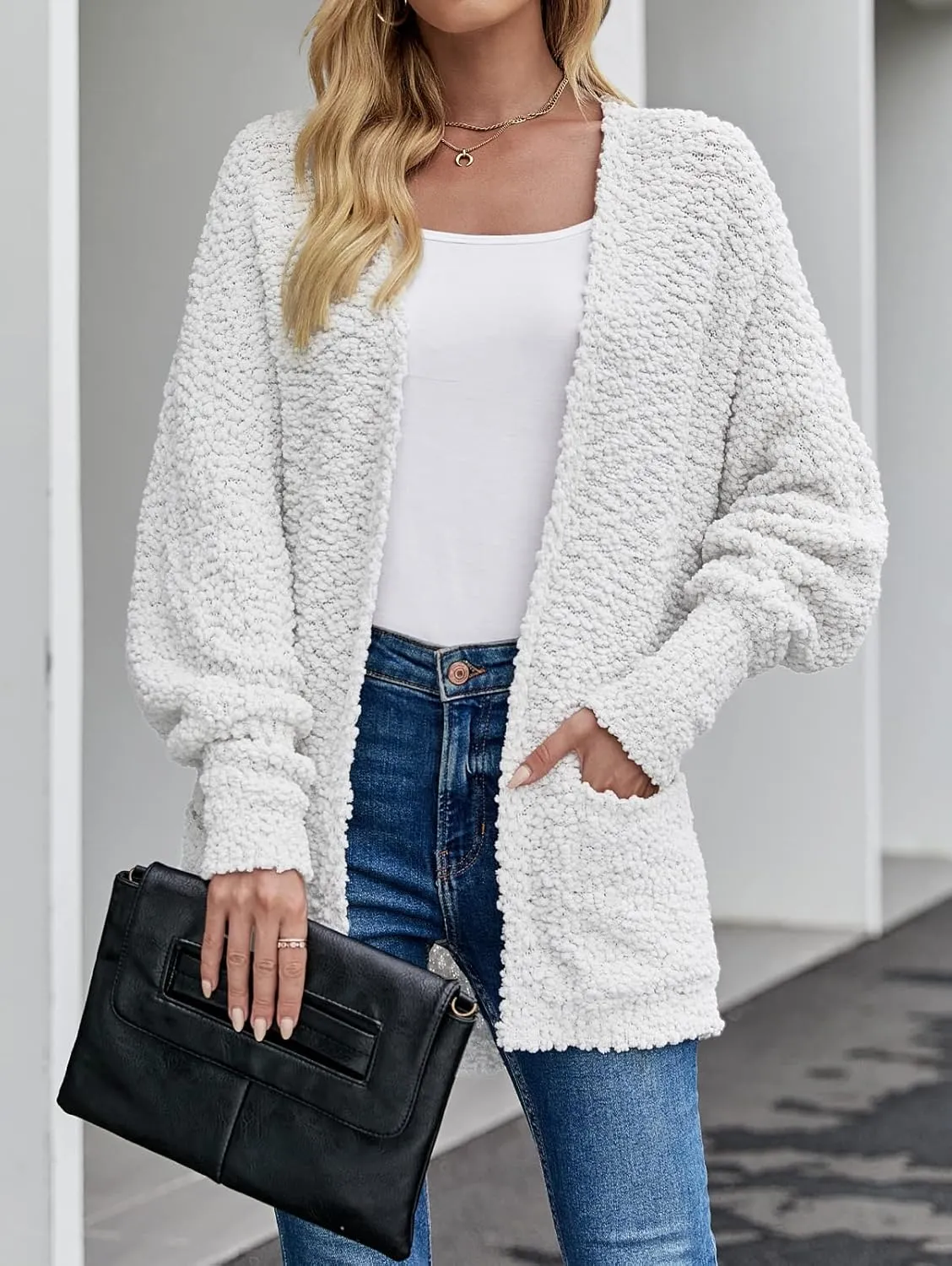 MEROKEETY Women's 2025 Winter Fuzzy Popcorn Batwing Sleeve Cardigan Knit Oversized Sherpa Sweater Coat