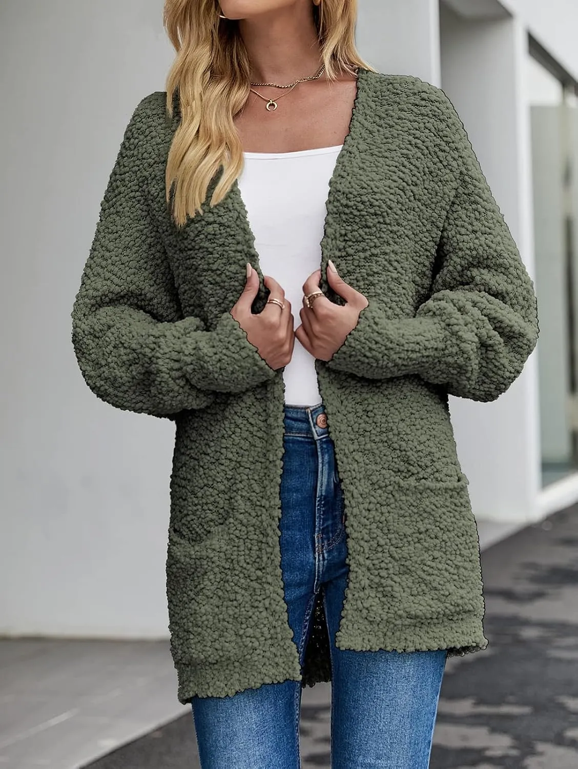 MEROKEETY Women's 2025 Winter Fuzzy Popcorn Batwing Sleeve Cardigan Knit Oversized Sherpa Sweater Coat