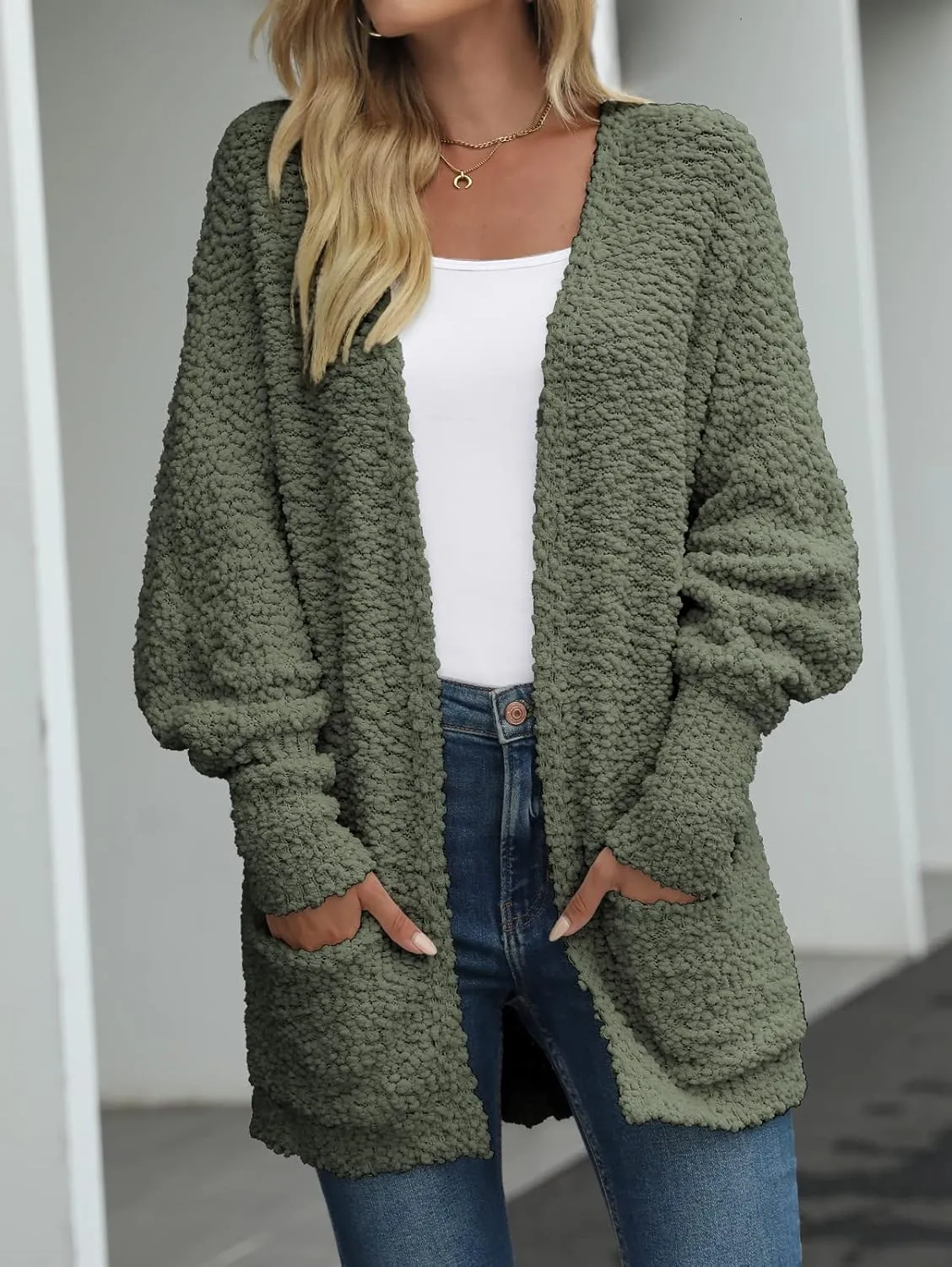 MEROKEETY Women's 2025 Winter Fuzzy Popcorn Batwing Sleeve Cardigan Knit Oversized Sherpa Sweater Coat