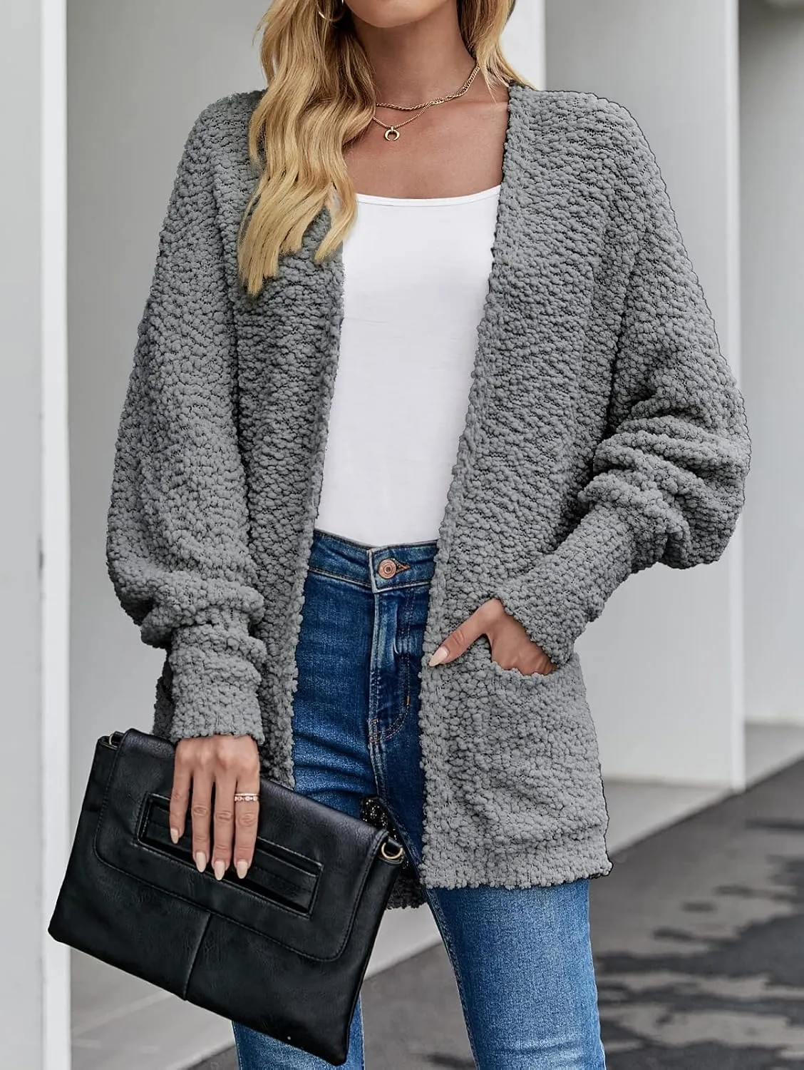 MEROKEETY Women's 2025 Winter Fuzzy Popcorn Batwing Sleeve Cardigan Knit Oversized Sherpa Sweater Coat