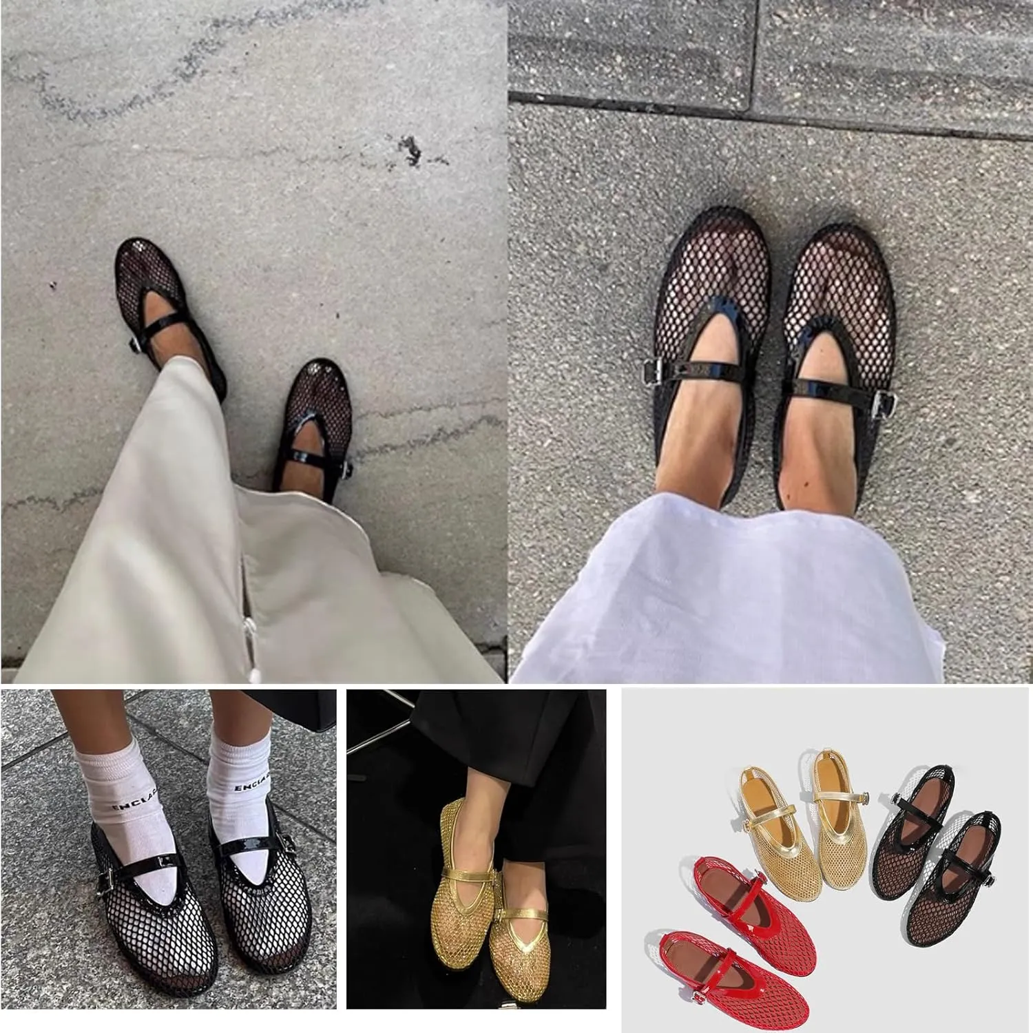 Mesh Ballet Flats for Women Buckle Strap Round Toe Wide Width Mesh Flats Shoes Casual Office Daily Dress Ballerina
