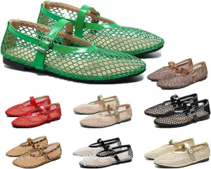 Mesh Ballet Flats for Women Buckle Strap Round Toe Wide Width Mesh Flats Shoes Casual Office Daily Dress Ballerina
