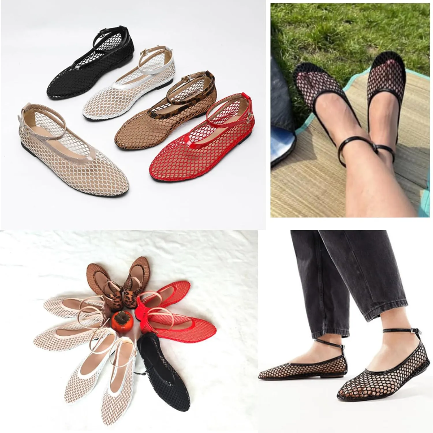 Mesh Ballet Flats for Women Buckle Strap Round Toe Wide Width Mesh Flats Shoes Casual Office Daily Dress Ballerina
