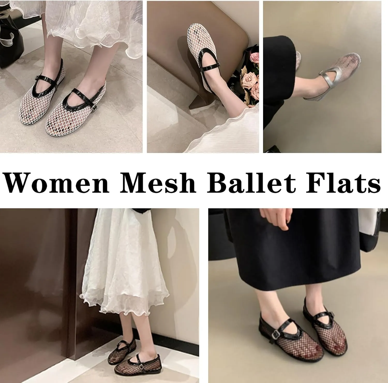 Mesh Ballet Flats for Women Buckle Strap Round Toe Wide Width Mesh Flats Shoes Casual Office Daily Dress Ballerina