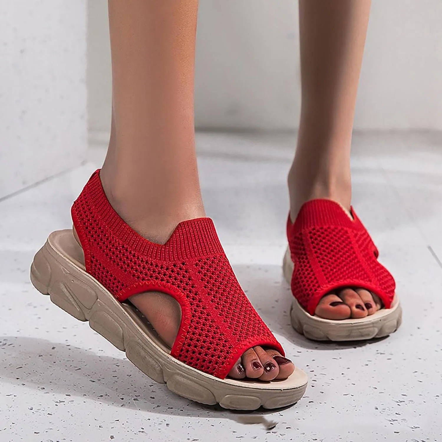 Mesh Breathable Sandals for Women Summer Casual Fish Mouth Open Toe Slip on Wedge Platform Sandals Comfortable Ladies Outdoor Beach Shoes Sandalias