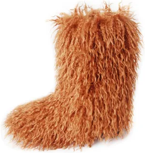 MH Bailment Women's Faux Curly Fur Boots Fuzzy Fluffy Furry Mid-Calf Snow Boots Round Toe Suede Winter Warm Flat Boots Multicolor