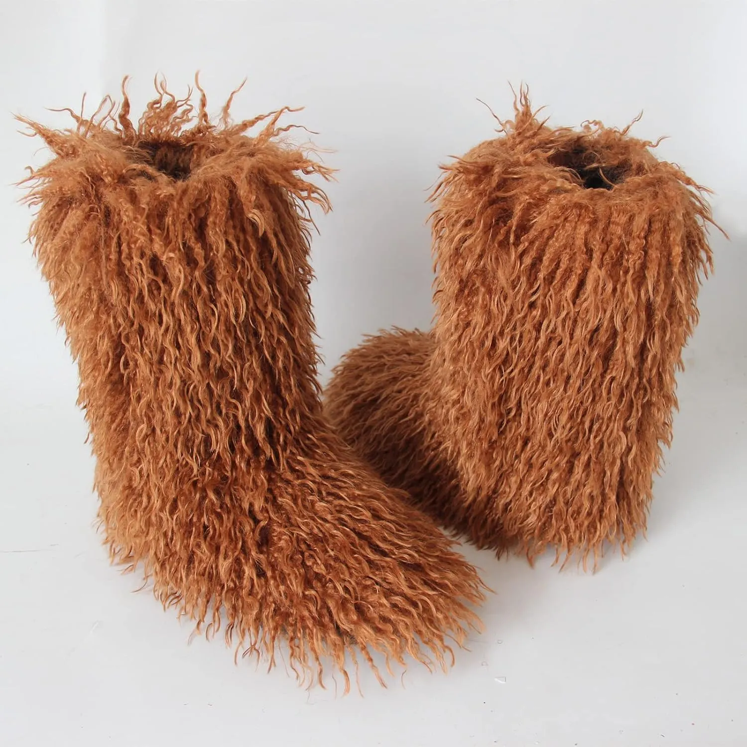 MH Bailment Women's Faux Curly Fur Boots Fuzzy Fluffy Furry Mid-Calf Snow Boots Round Toe Suede Winter Warm Flat Boots Multicolor