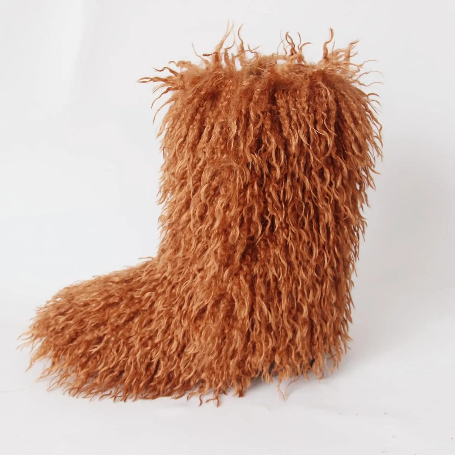 MH Bailment Women's Faux Curly Fur Boots Fuzzy Fluffy Furry Mid-Calf Snow Boots Round Toe Suede Winter Warm Flat Boots Multicolor