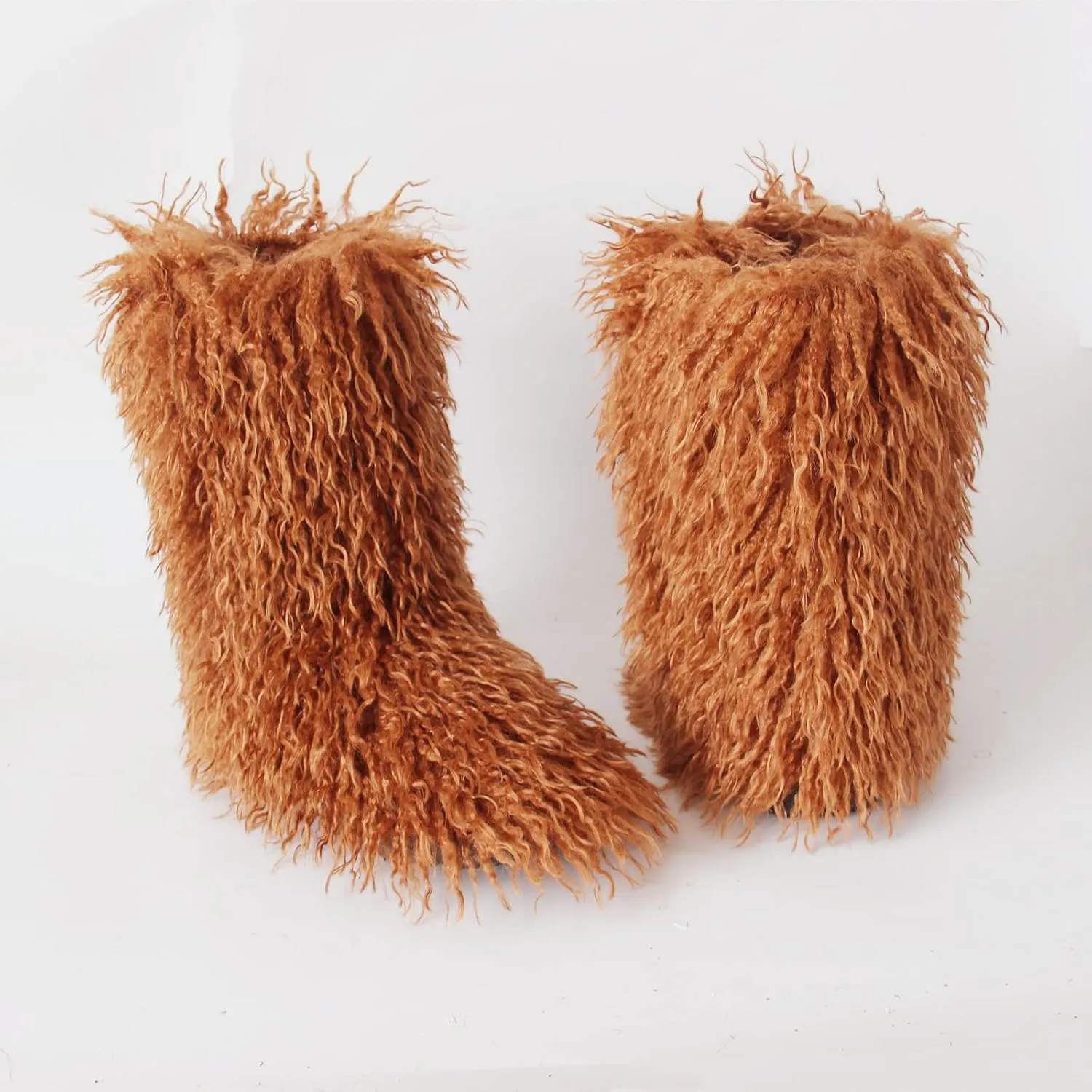 MH Bailment Women's Faux Curly Fur Boots Fuzzy Fluffy Furry Mid-Calf Snow Boots Round Toe Suede Winter Warm Flat Boots Multicolor