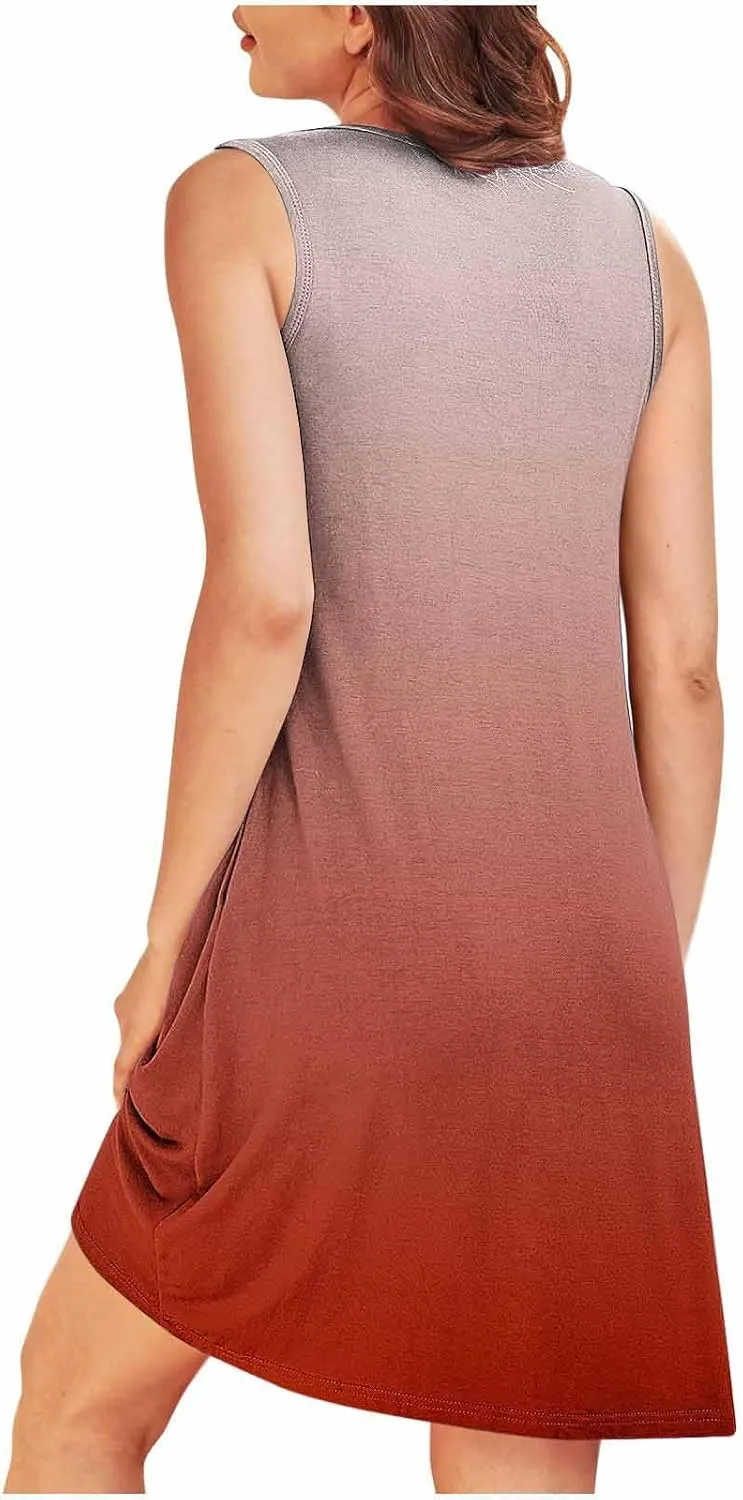 Midi Dresses for Women Summer Crew Neck Sleeveless Striped Sun Dresses Casual Soft Lounge Dress with Pockets