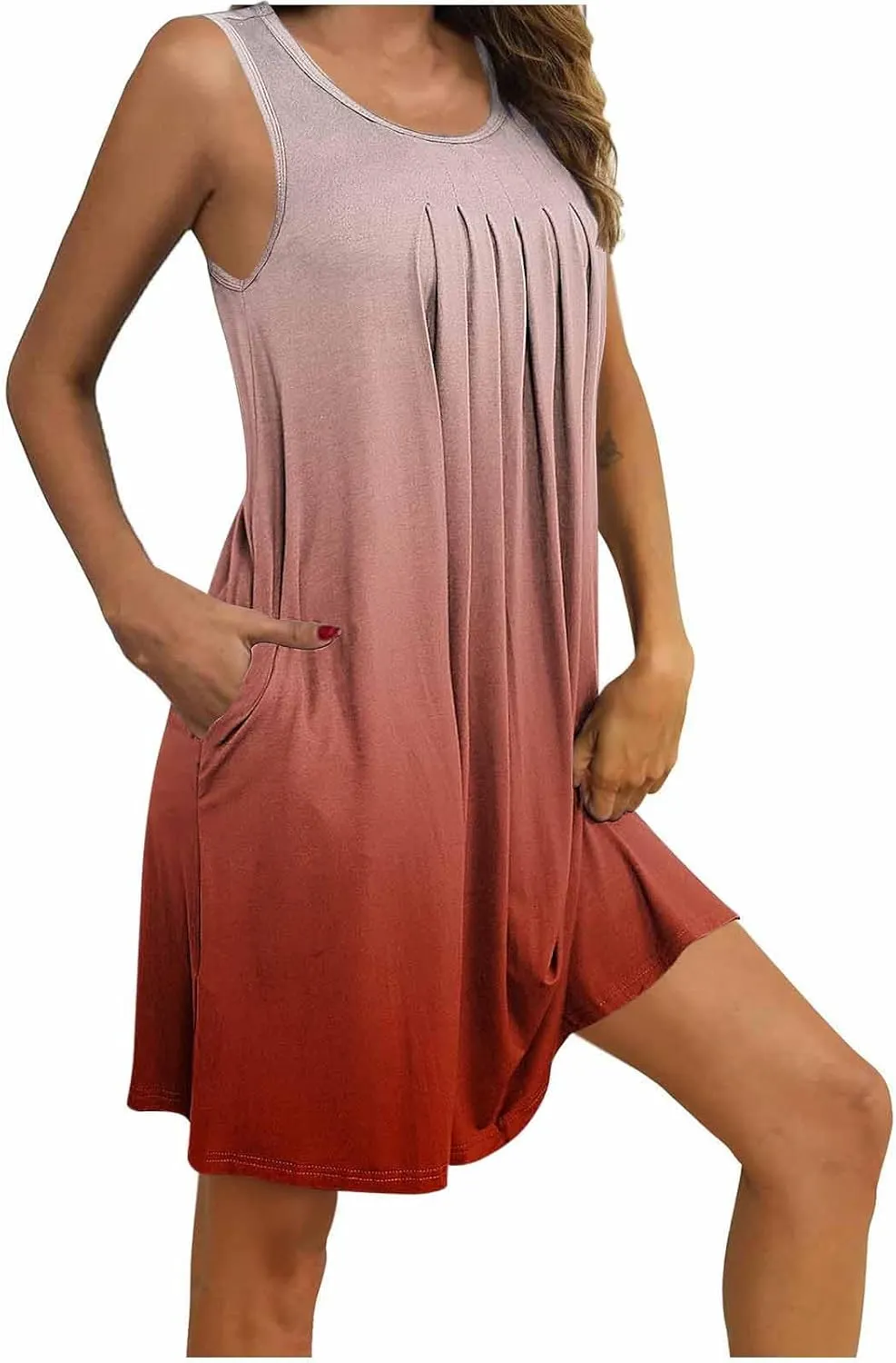 Midi Dresses for Women Summer Crew Neck Sleeveless Striped Sun Dresses Casual Soft Lounge Dress with Pockets