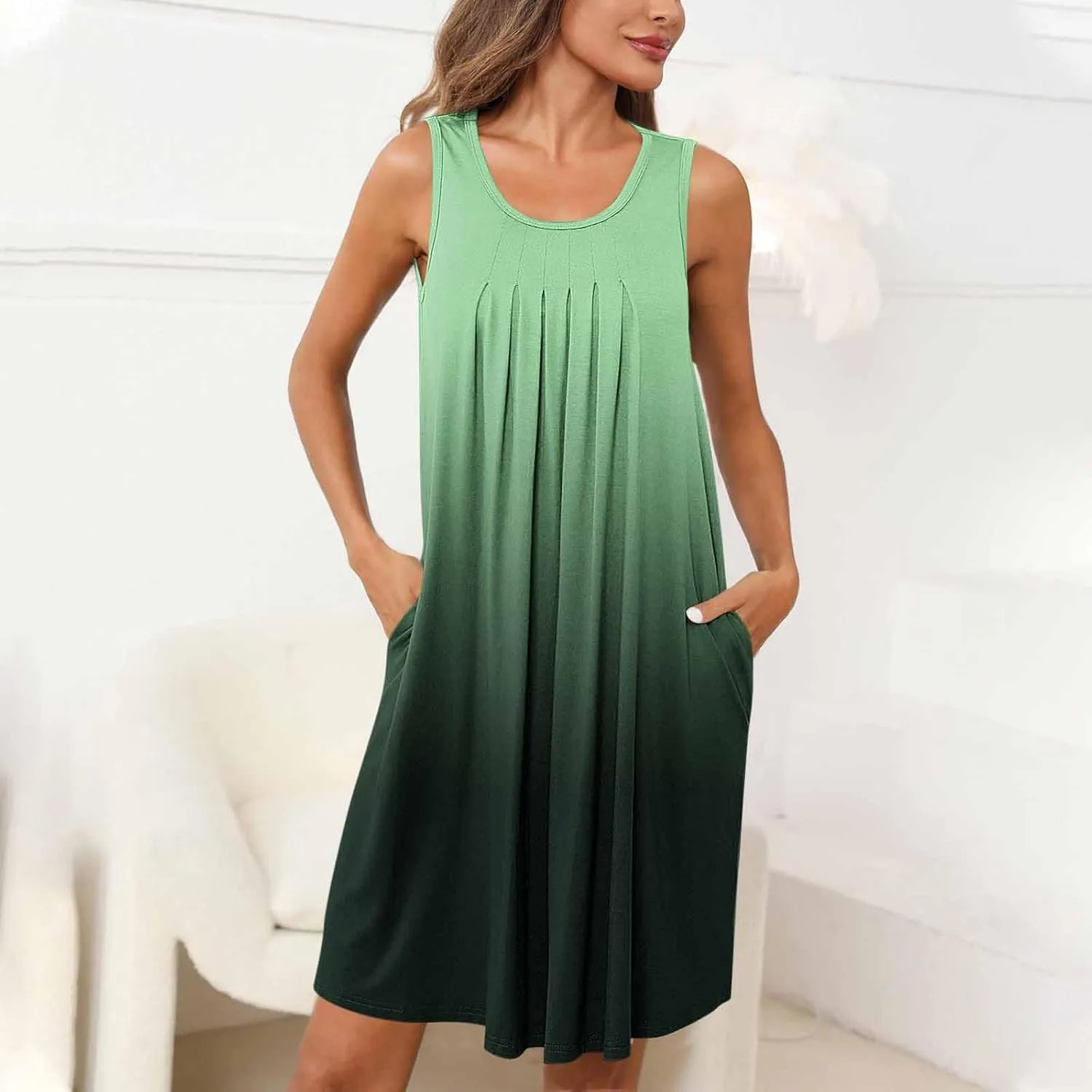Midi Dresses for Women Summer Crew Neck Sleeveless Striped Sun Dresses Casual Soft Lounge Dress with Pockets