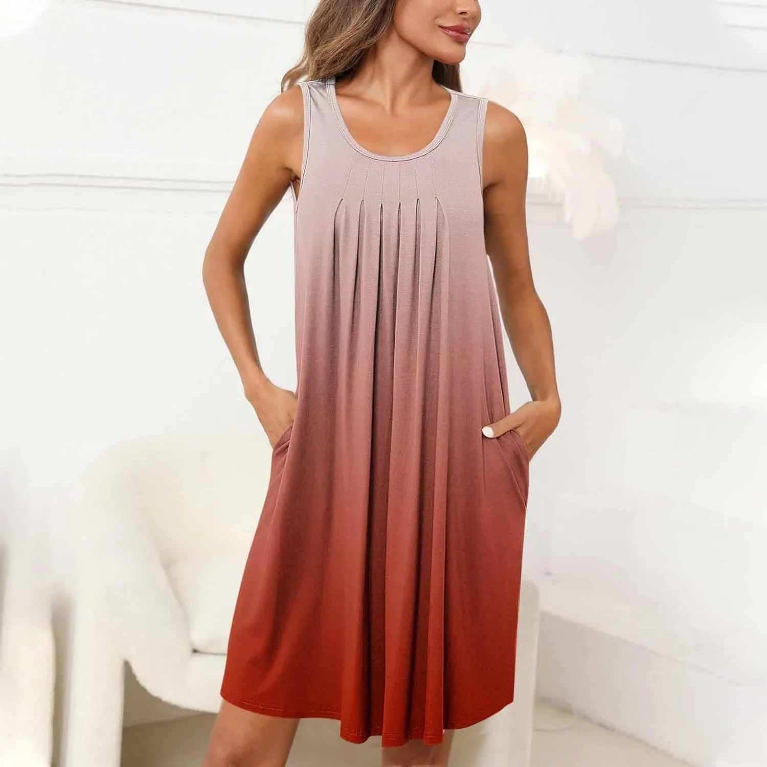 Midi Dresses for Women Summer Crew Neck Sleeveless Striped Sun Dresses Casual Soft Lounge Dress with Pockets