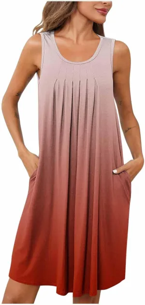 Midi Dresses for Women Summer Crew Neck Sleeveless Striped Sun Dresses Casual Soft Lounge Dress with Pockets