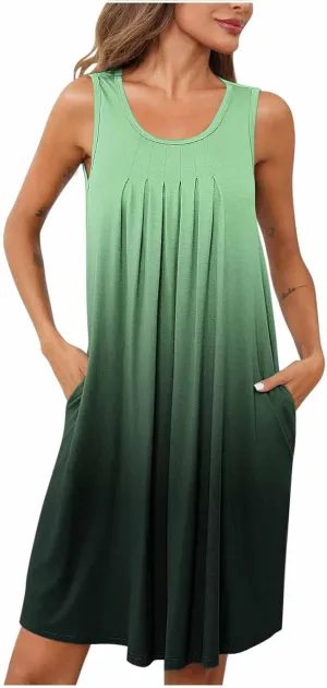 Midi Dresses for Women Summer Crew Neck Sleeveless Striped Sun Dresses Casual Soft Lounge Dress with Pockets