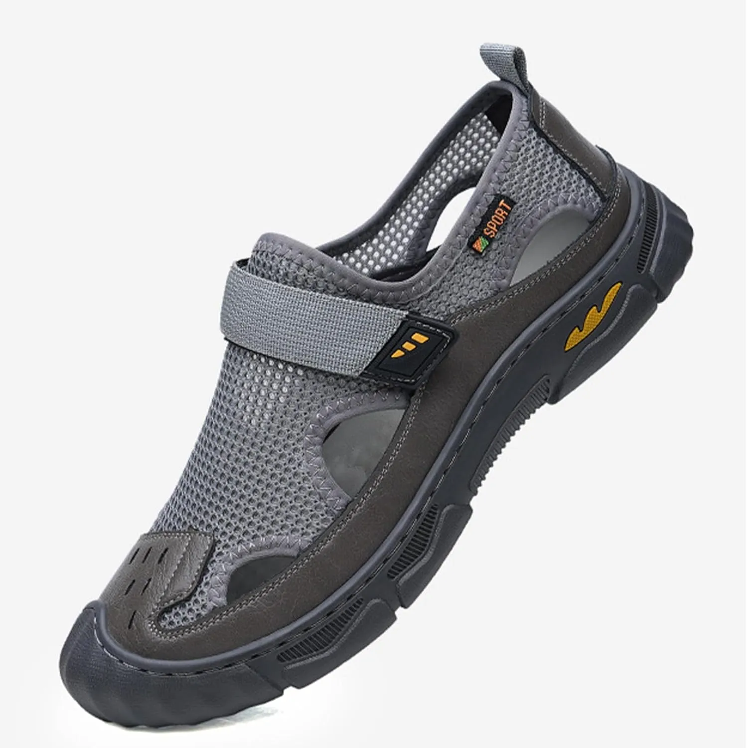 MILDSEVEN Fashion Men's Handmade Sandals, Closed Toe Hiking Sandals, Hollow Out Backpacking Beach Shoes,7.5,Grey